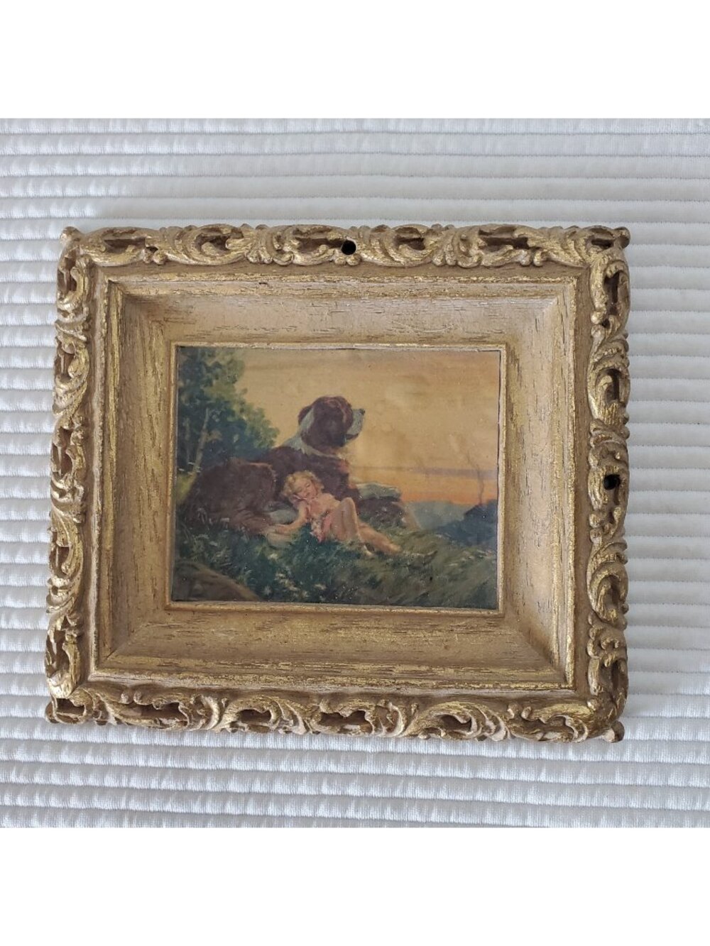 Guarding Saint Bernard Dog Sleeping Girl Gravure Lithograph Print 6×5 Vintage